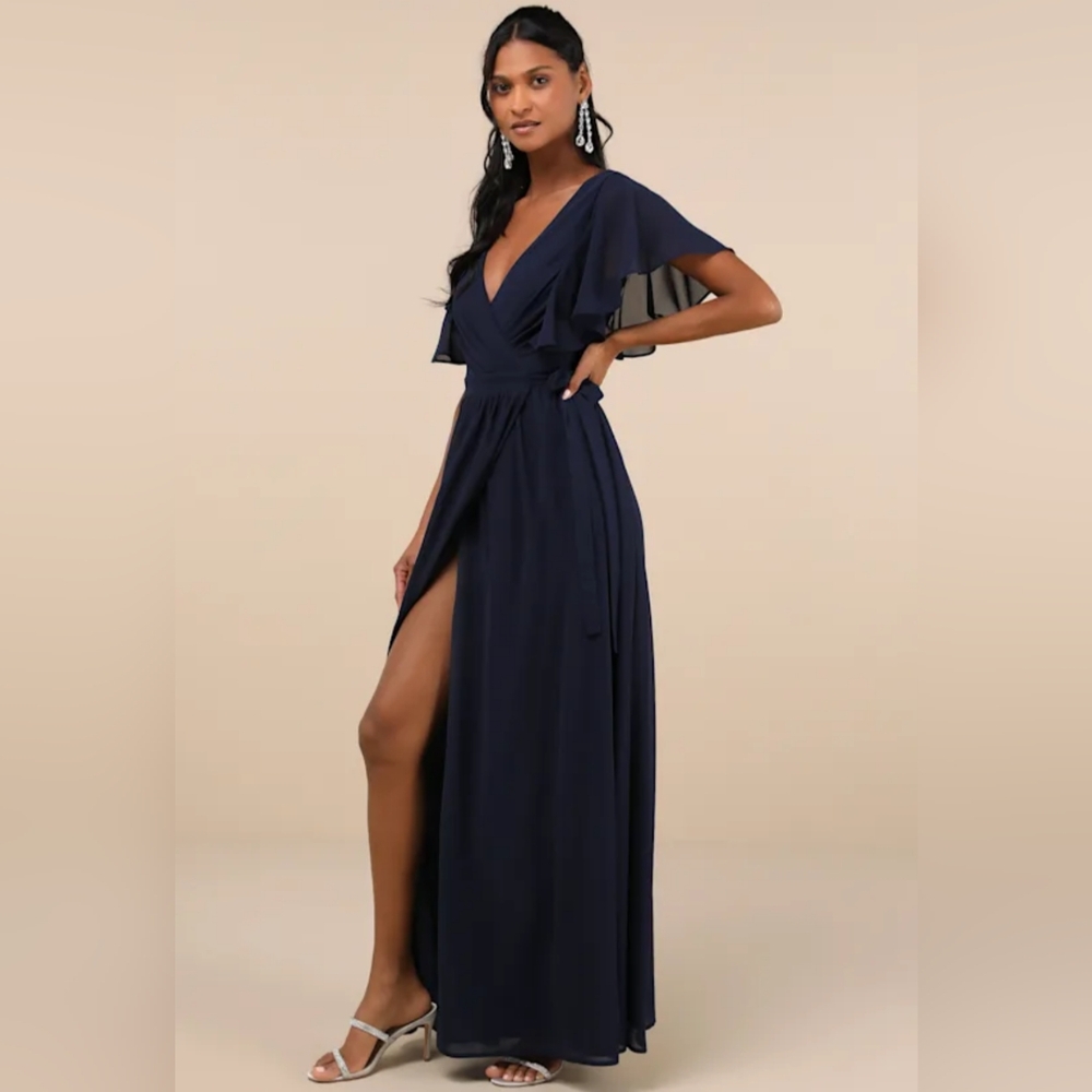 NWOT Lulu's Navy Blue Flutter Sleeve Maxi Dress Size=Large 10/12